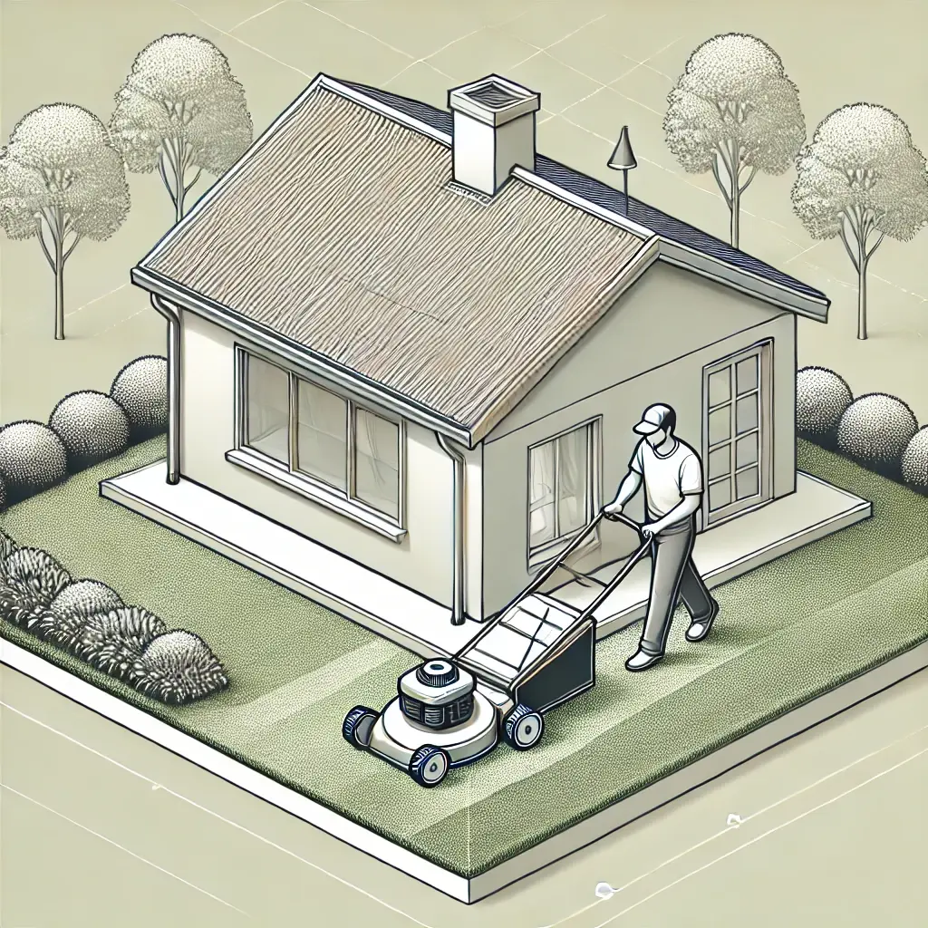 DALL·E 2025-03-07 13.11.11 - A clean and polished side-view illustration of a simple 2D house with a clearly defined lawn. Depict a professional landscaper neatly mowing the lawn